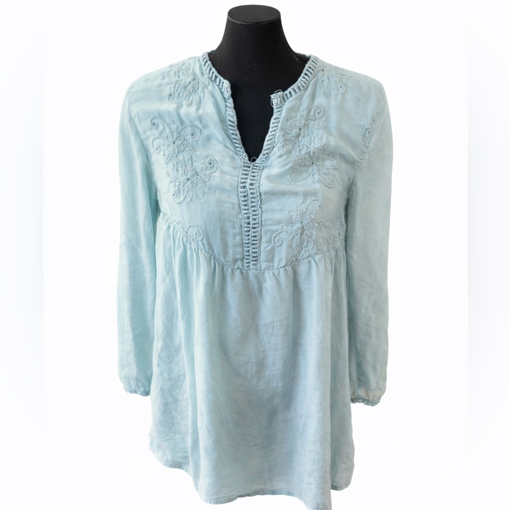 Bella Cambria Made in Italy Light Blue Embroidered Silk Blend Boho Blouse S